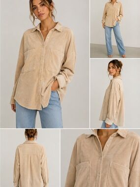 Zara Oversized Velvet Micro Corduroy Button-Up Shirt Blouse Beige Taupe XS
